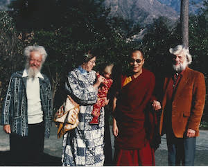 L to R: Noel King, Laurie King, Zoe King, Dalai Lama, Ken Orrett taken in 1982 in India.