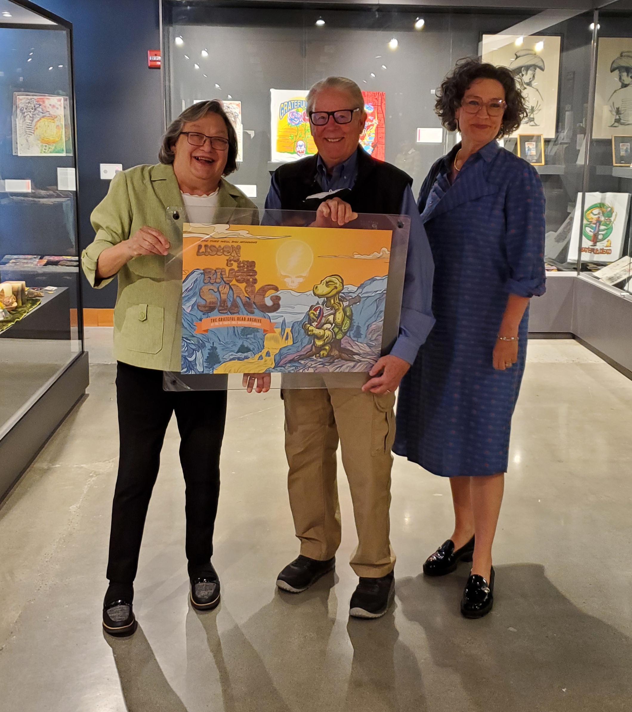 Chancellor Cindy Larive, Bill Monning and University Librarian Elizabeth Cowell.