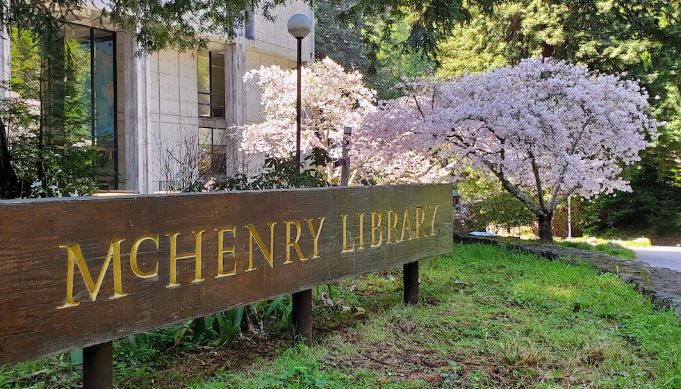 Front of McHnery Library in Spring 