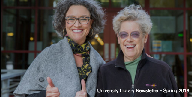 Elizabeth Cowell and Dr. Sandra Faber in front of the S&E library