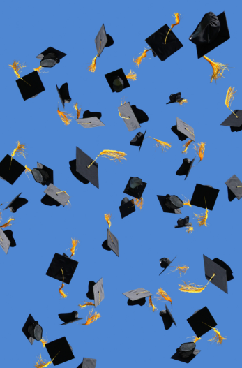 Graduation caps in air