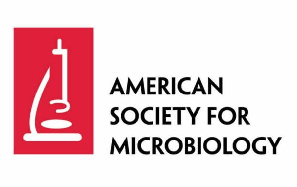 American Society for Microbiology logo: white outline of a microscope on red background