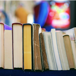 Photograph of books laying on their side on a shelf