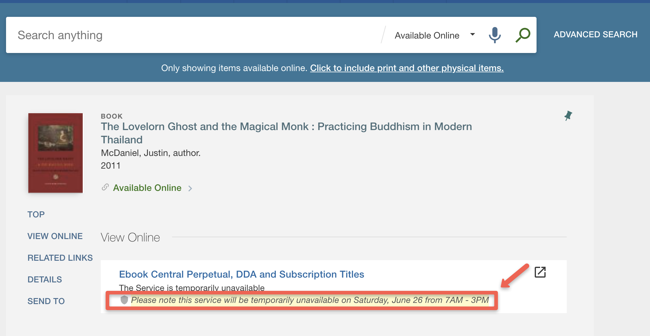 Note in ProQuest ebook record stating "Please note this service will be temporarily unavailable on Saturday June 26 from 7am - 3pm