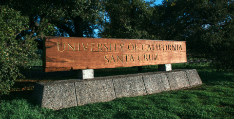Wooden UCSC sign surrounded by trees
