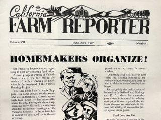 Front page of the California Farm Reporter. Headline reads "Homemakers Organize!"